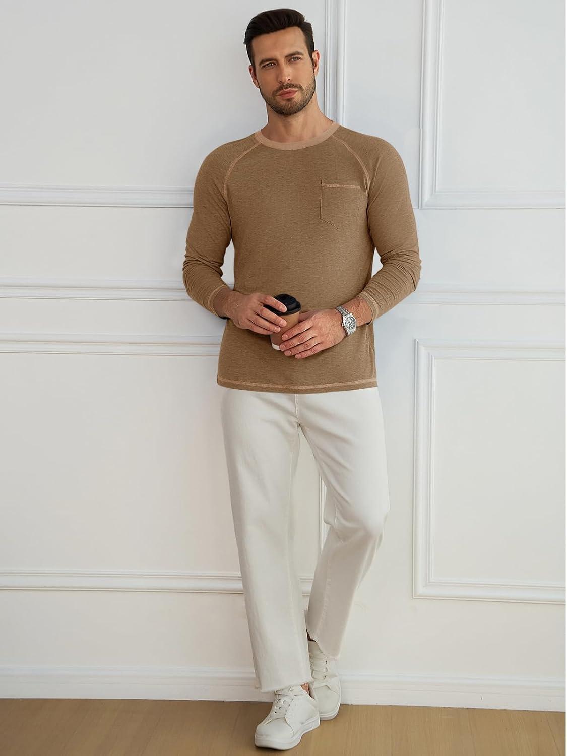 imageRuncati Mens Long Sleeve TShirt Casual Crewneck Shirts Basic Lightweight Vintage Tee Tops with PocketDark Khaki