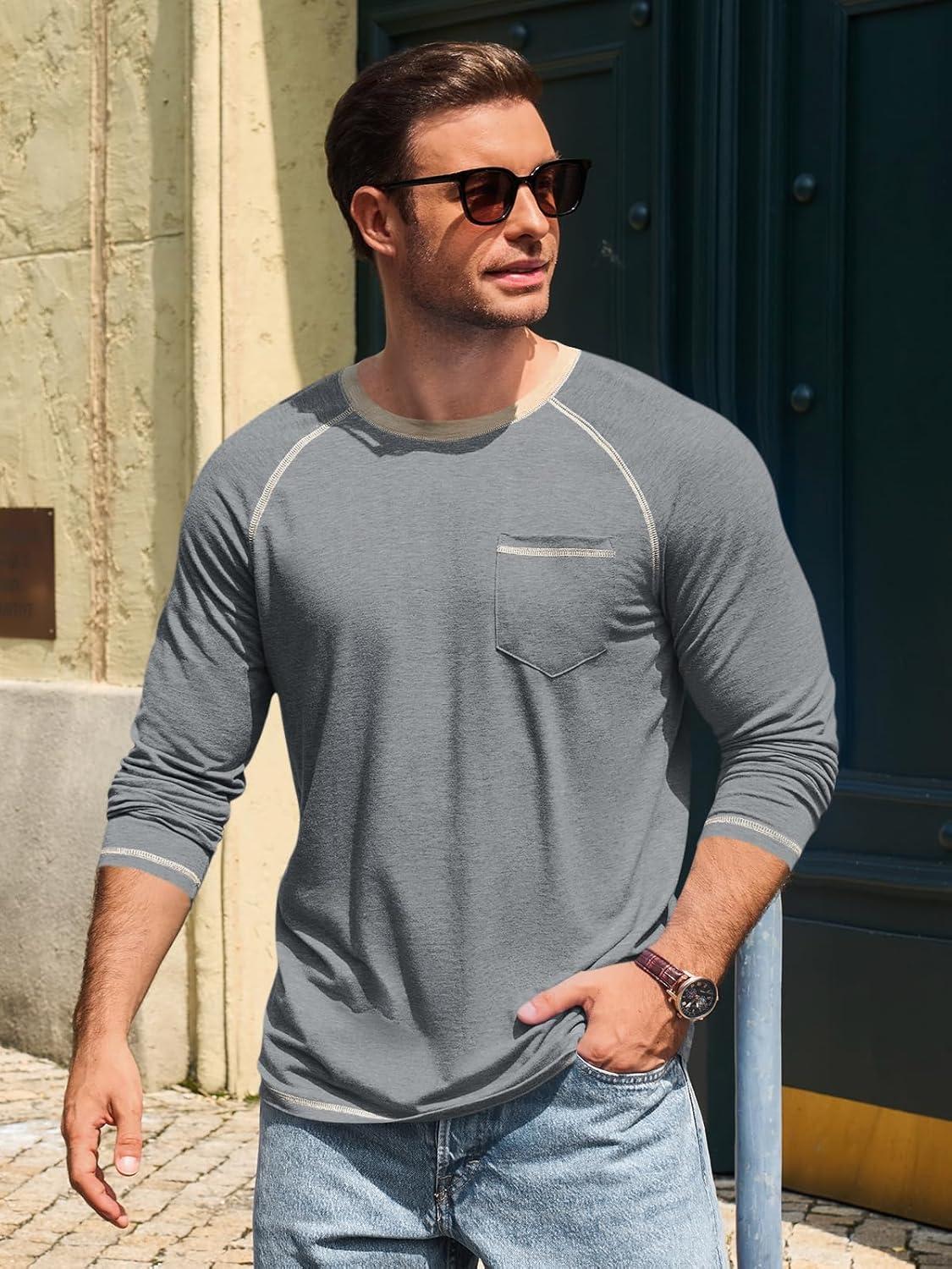 imageRuncati Mens Long Sleeve TShirt Casual Crewneck Shirts Basic Lightweight Vintage Tee Tops with PocketGrey