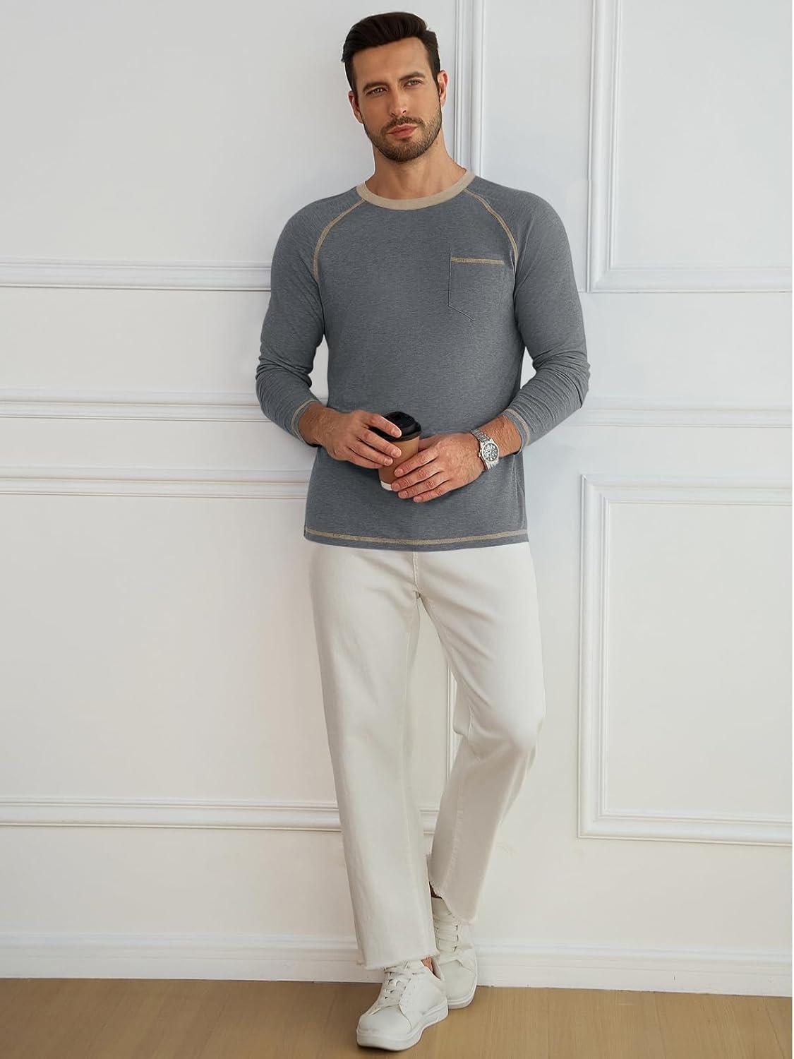 imageRuncati Mens Long Sleeve TShirt Casual Crewneck Shirts Basic Lightweight Vintage Tee Tops with PocketGrey