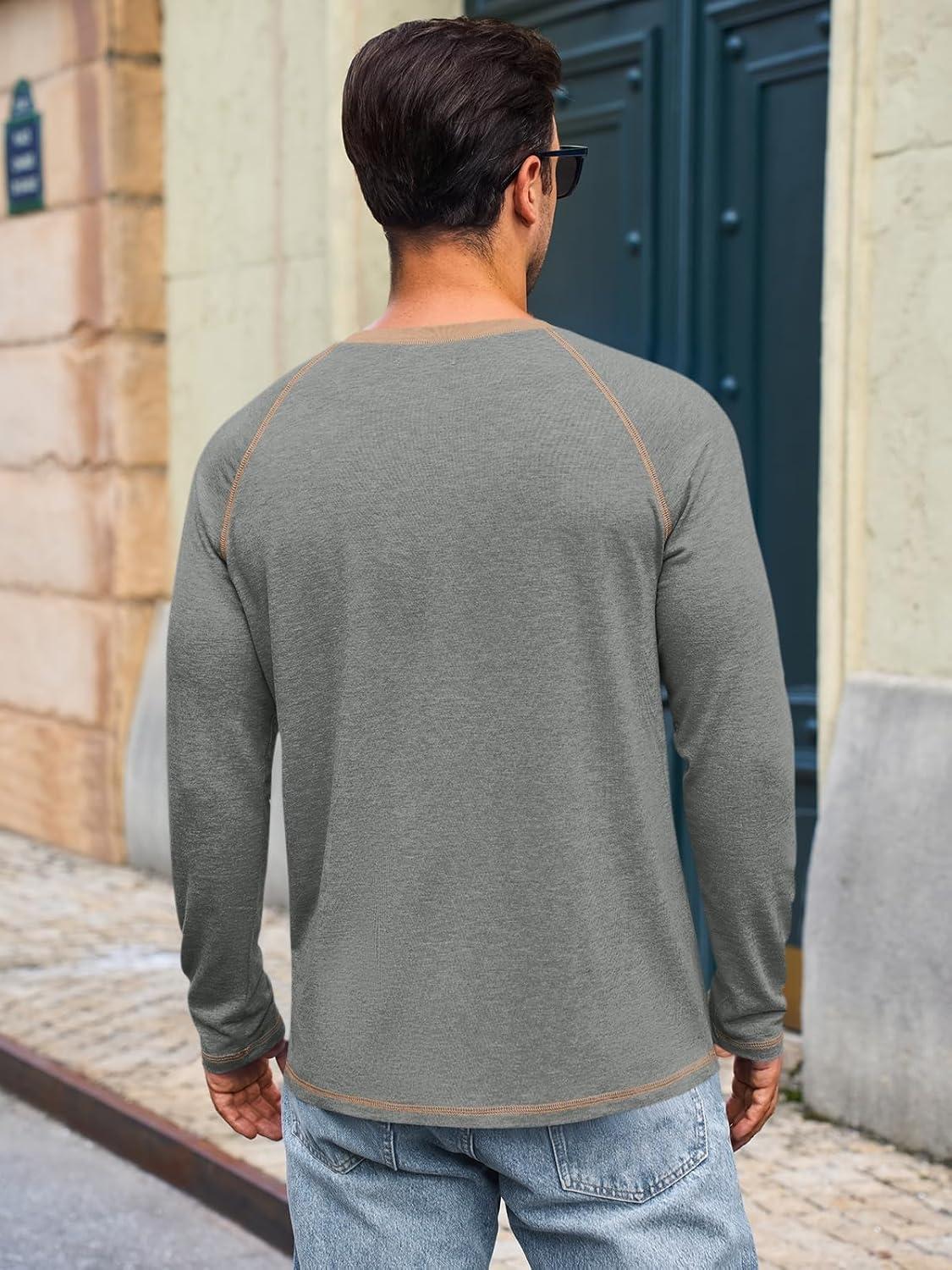 imageRuncati Mens Long Sleeve TShirt Casual Crewneck Shirts Basic Lightweight Vintage Tee Tops with PocketLight Grey