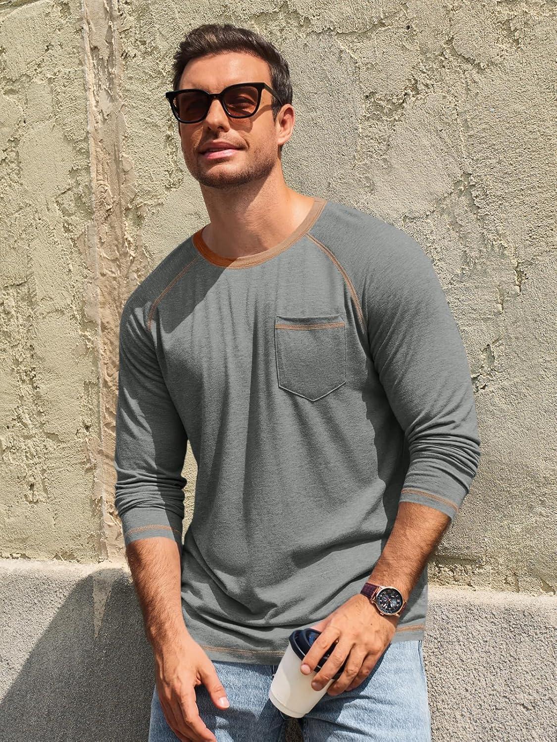 imageRuncati Mens Long Sleeve TShirt Casual Crewneck Shirts Basic Lightweight Vintage Tee Tops with PocketLight Grey