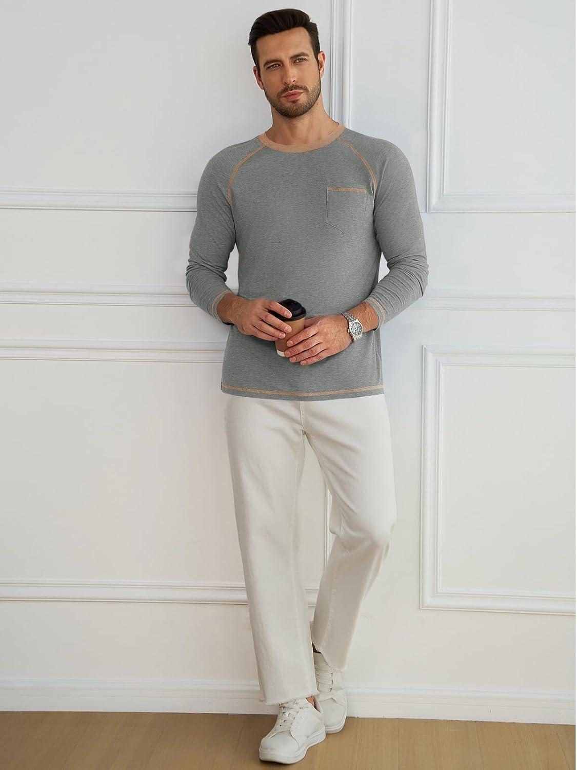 imageRuncati Mens Long Sleeve TShirt Casual Crewneck Shirts Basic Lightweight Vintage Tee Tops with PocketLight Grey