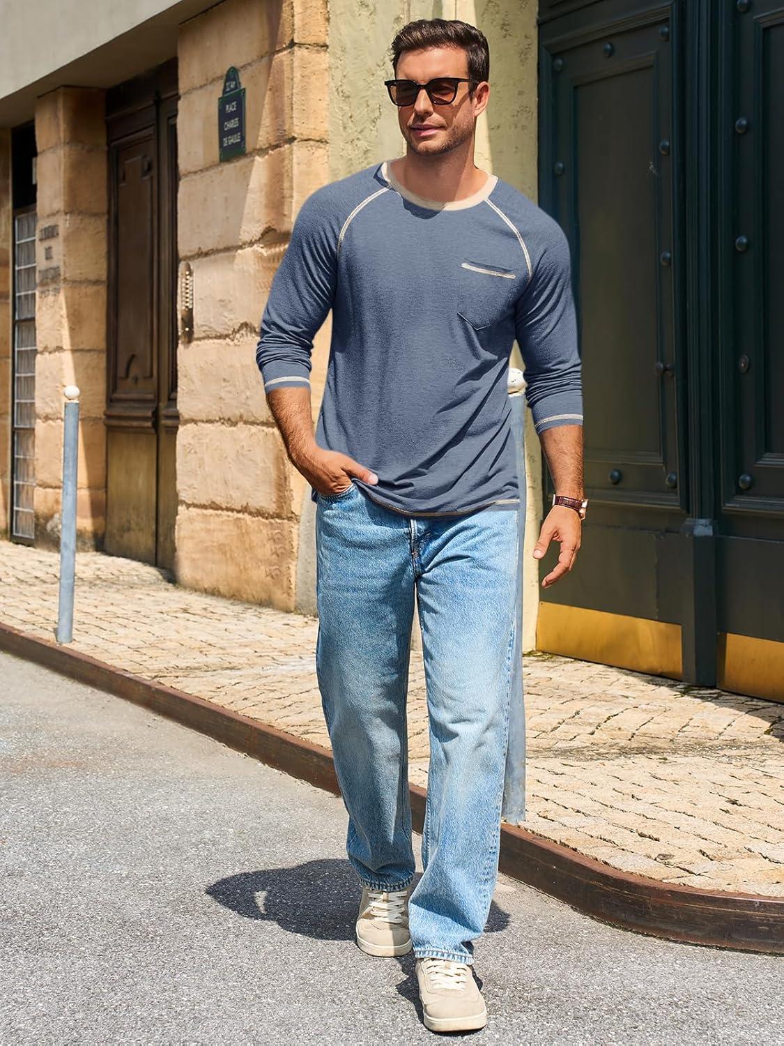 imageRuncati Mens Long Sleeve TShirt Casual Crewneck Shirts Basic Lightweight Vintage Tee Tops with PocketNavy