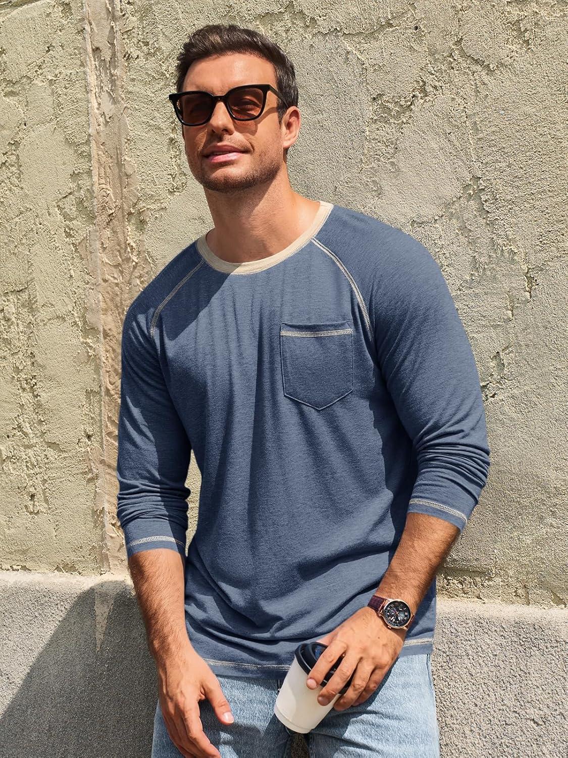 imageRuncati Mens Long Sleeve TShirt Casual Crewneck Shirts Basic Lightweight Vintage Tee Tops with PocketNavy