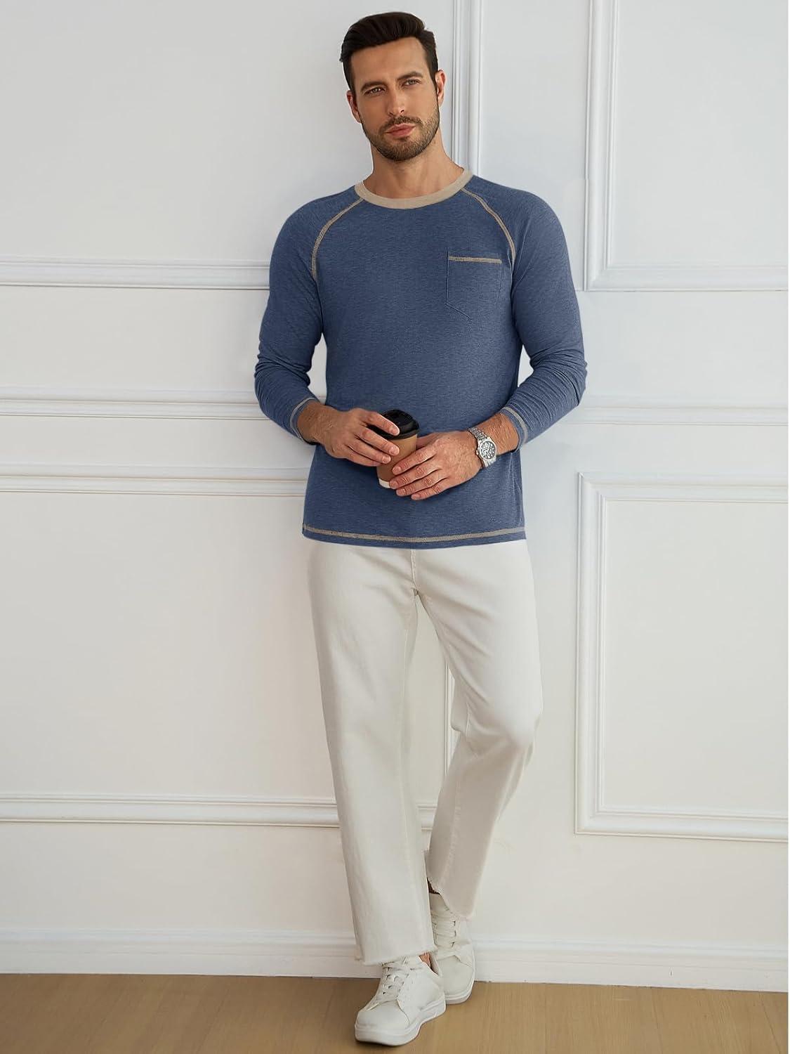 imageRuncati Mens Long Sleeve TShirt Casual Crewneck Shirts Basic Lightweight Vintage Tee Tops with PocketNavy