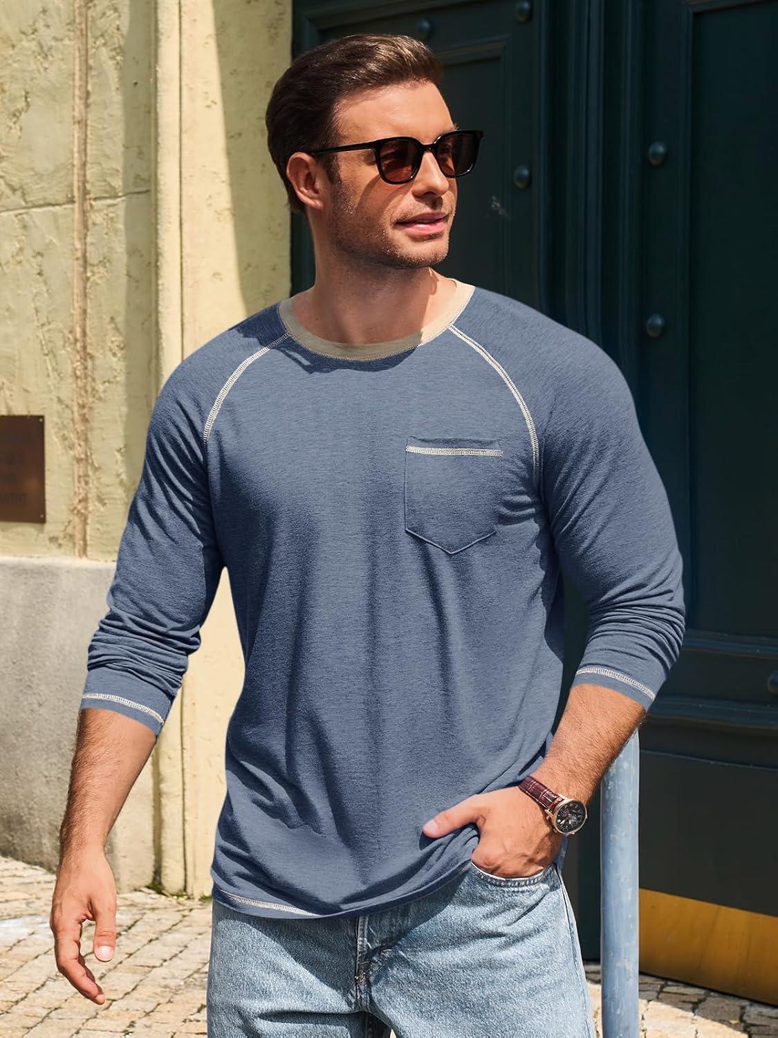 imageRuncati Mens Long Sleeve TShirt Casual Crewneck Shirts Basic Lightweight Vintage Tee Tops with PocketNavy