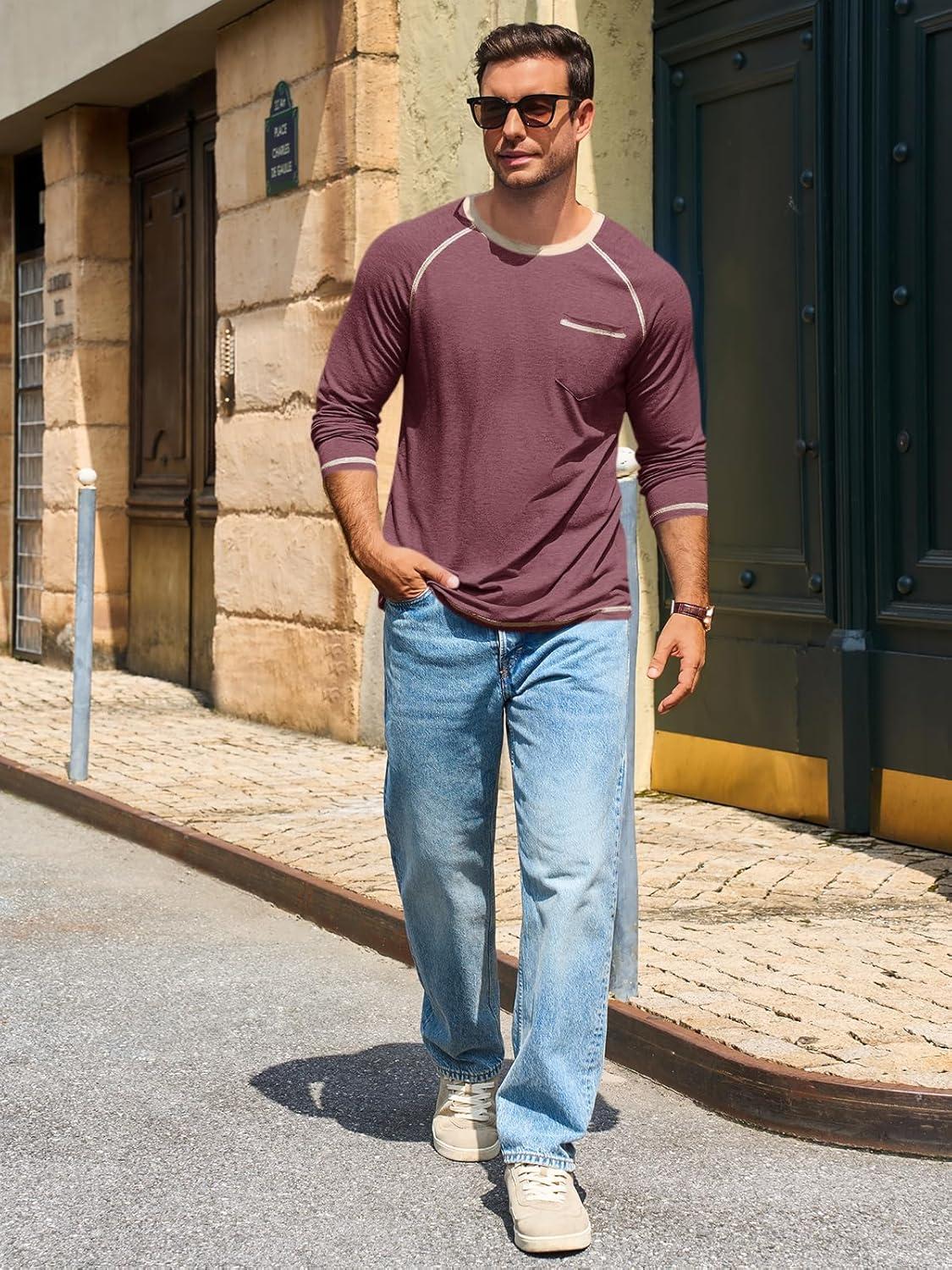 imageRuncati Mens Long Sleeve TShirt Casual Crewneck Shirts Basic Lightweight Vintage Tee Tops with PocketWine Red