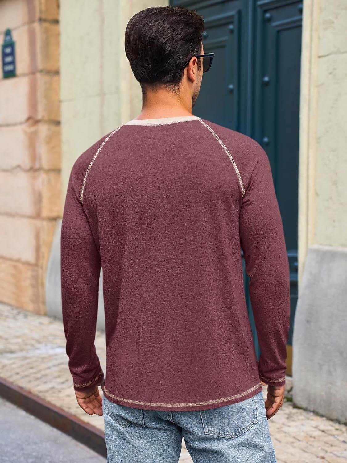 imageRuncati Mens Long Sleeve TShirt Casual Crewneck Shirts Basic Lightweight Vintage Tee Tops with PocketWine Red