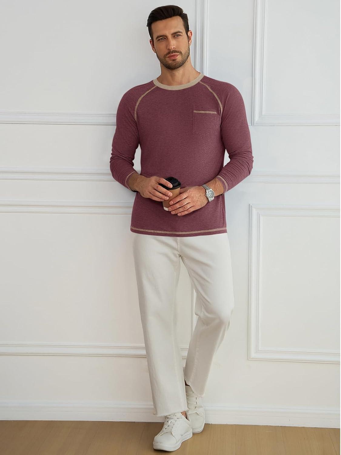 imageRuncati Mens Long Sleeve TShirt Casual Crewneck Shirts Basic Lightweight Vintage Tee Tops with PocketWine Red