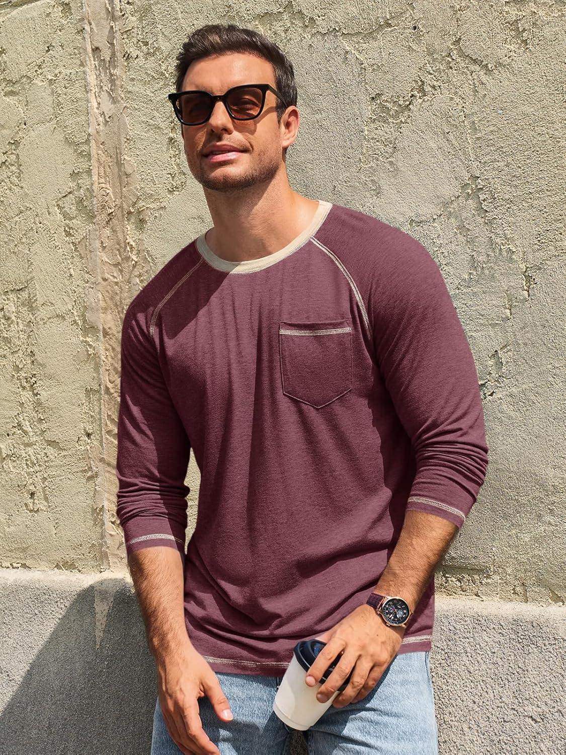 imageRuncati Mens Long Sleeve TShirt Casual Crewneck Shirts Basic Lightweight Vintage Tee Tops with PocketWine Red