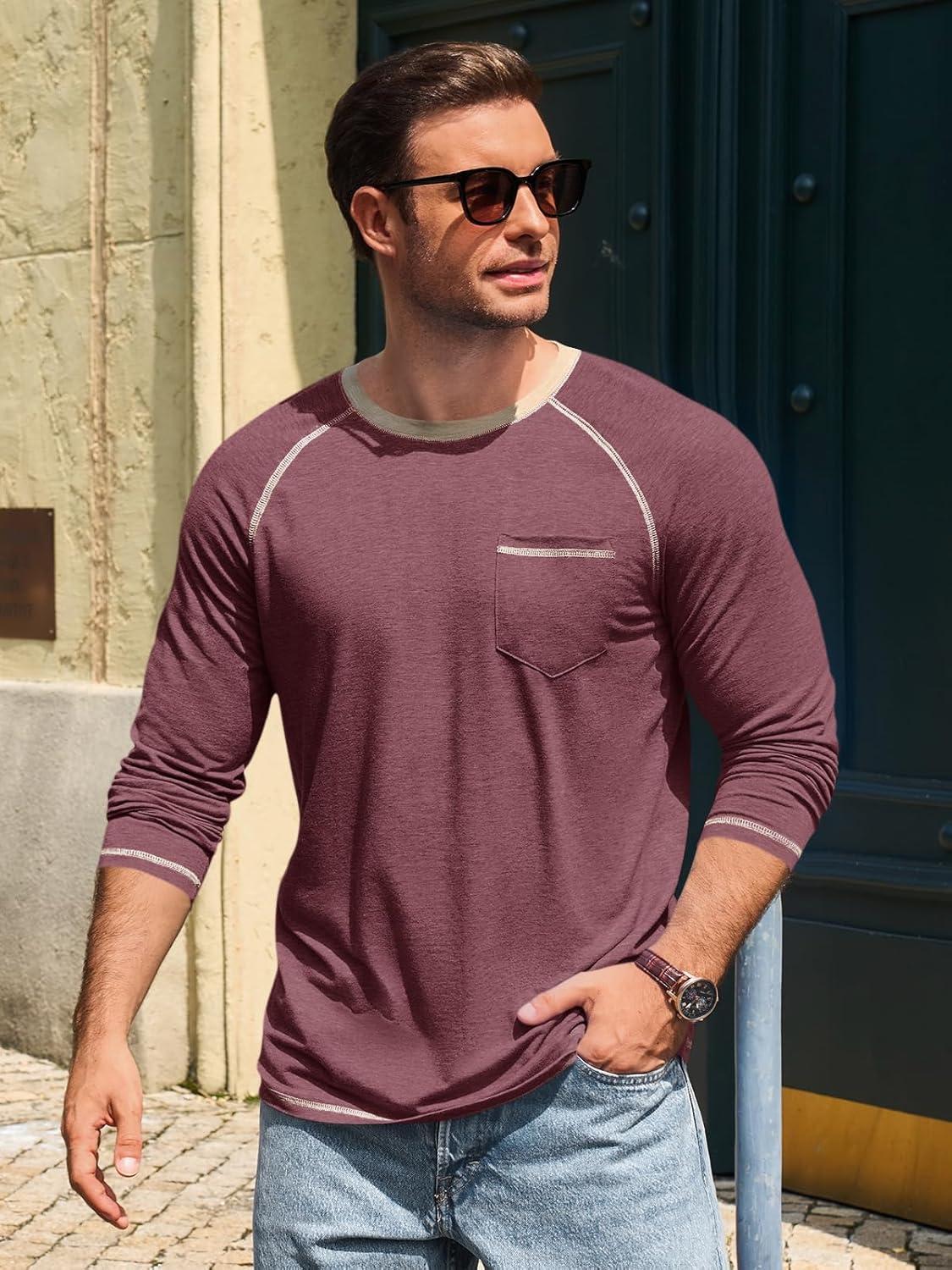 imageRuncati Mens Long Sleeve TShirt Casual Crewneck Shirts Basic Lightweight Vintage Tee Tops with PocketWine Red