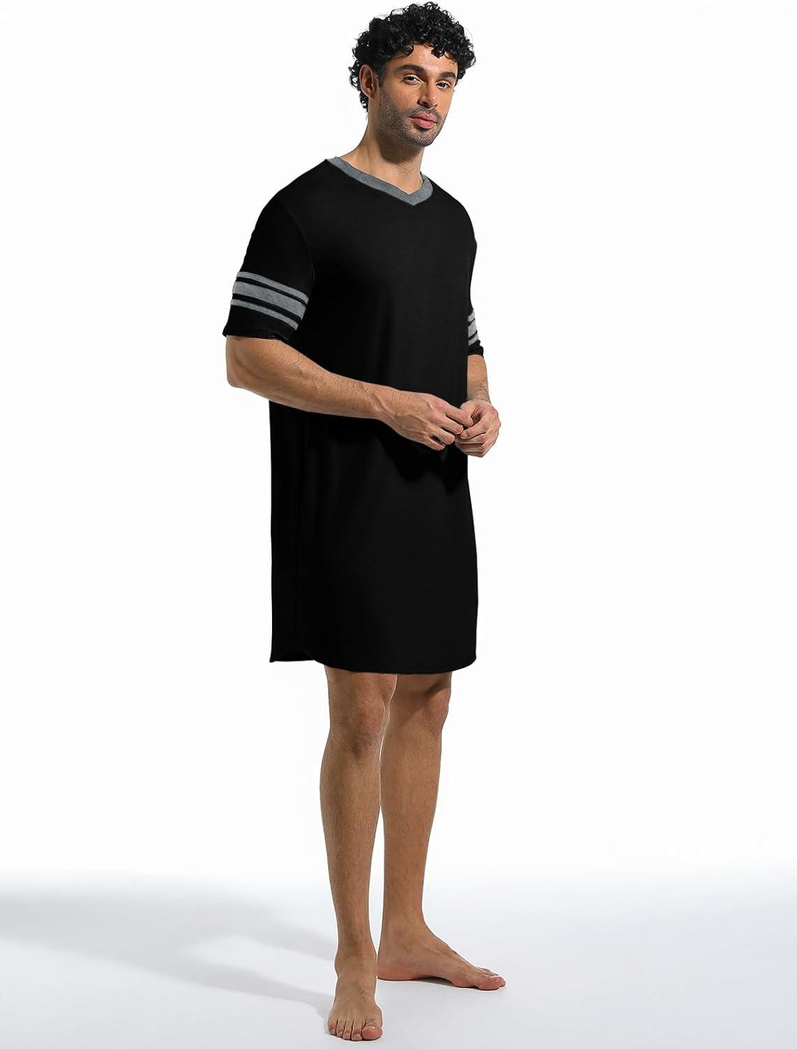 imageRuncati Mens Nightshirt Short Sleeve V Neck Sleep Shirt Soft Loose Fit Lounge Nightwear Sleepwear PajamaBlack