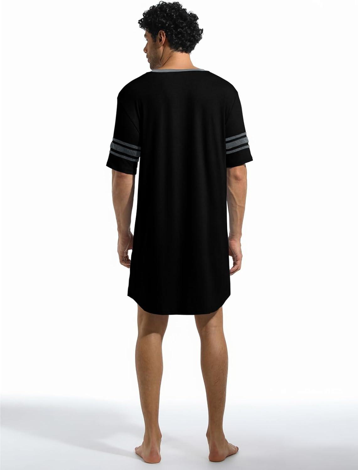 imageRuncati Mens Nightshirt Short Sleeve V Neck Sleep Shirt Soft Loose Fit Lounge Nightwear Sleepwear PajamaBlack