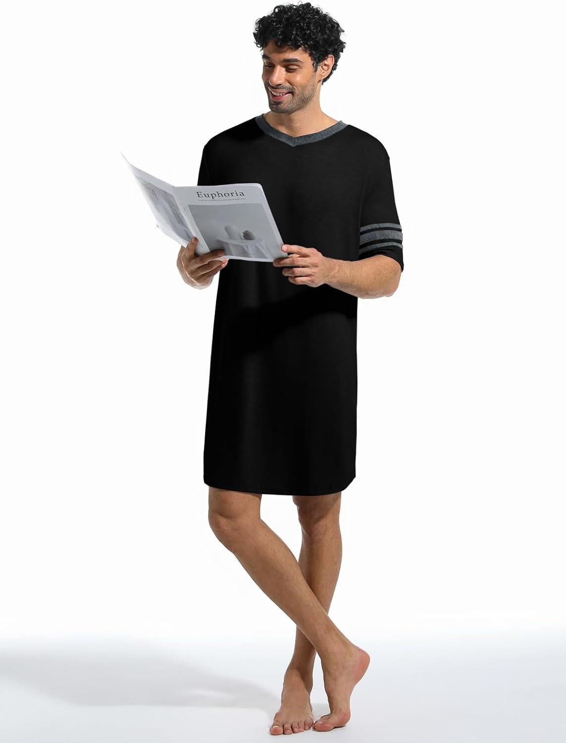 imageRuncati Mens Nightshirt Short Sleeve V Neck Sleep Shirt Soft Loose Fit Lounge Nightwear Sleepwear PajamaBlack