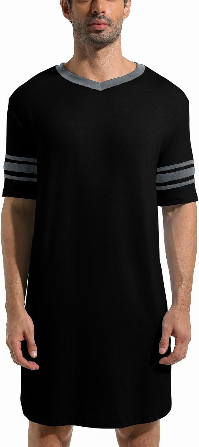 imageRuncati Mens Nightshirt Short Sleeve V Neck Sleep Shirt Soft Loose Fit Lounge Nightwear Sleepwear PajamaBlack