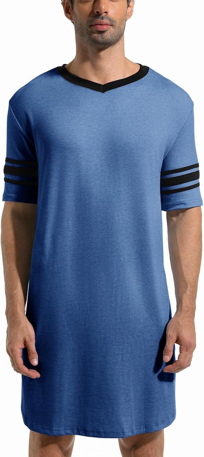 imageRuncati Mens Nightshirt Short Sleeve V Neck Sleep Shirt Soft Loose Fit Lounge Nightwear Sleepwear PajamaDark Blue