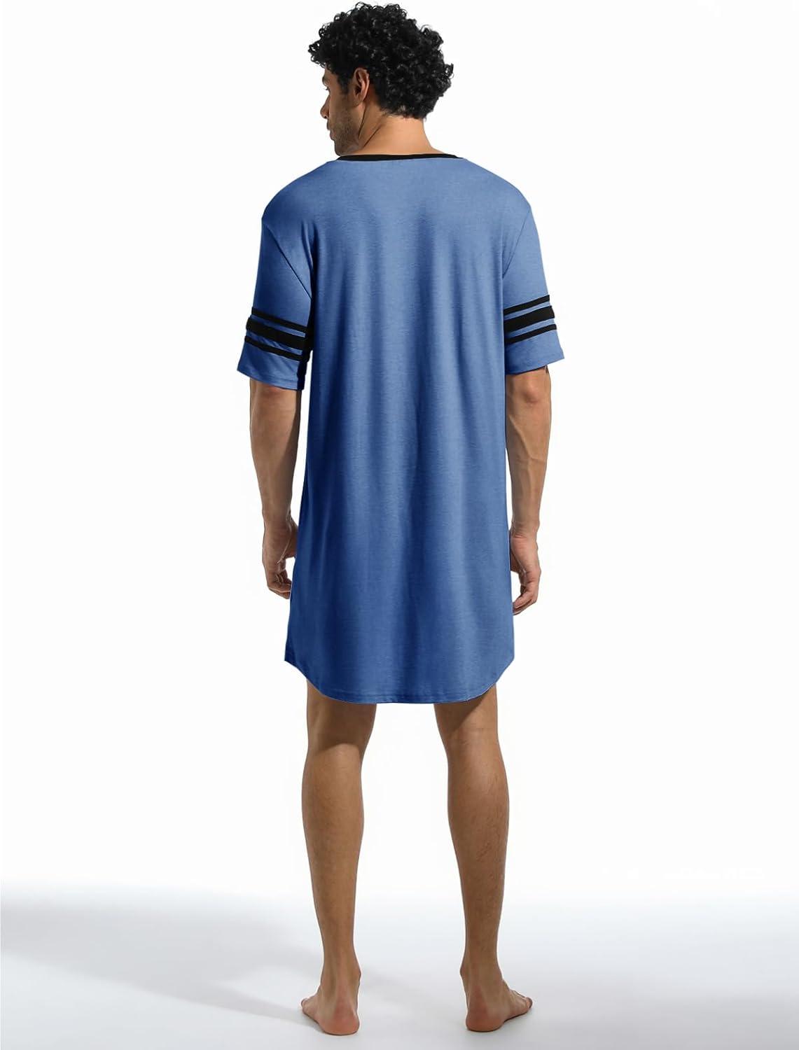 imageRuncati Mens Nightshirt Short Sleeve V Neck Sleep Shirt Soft Loose Fit Lounge Nightwear Sleepwear PajamaDark Blue