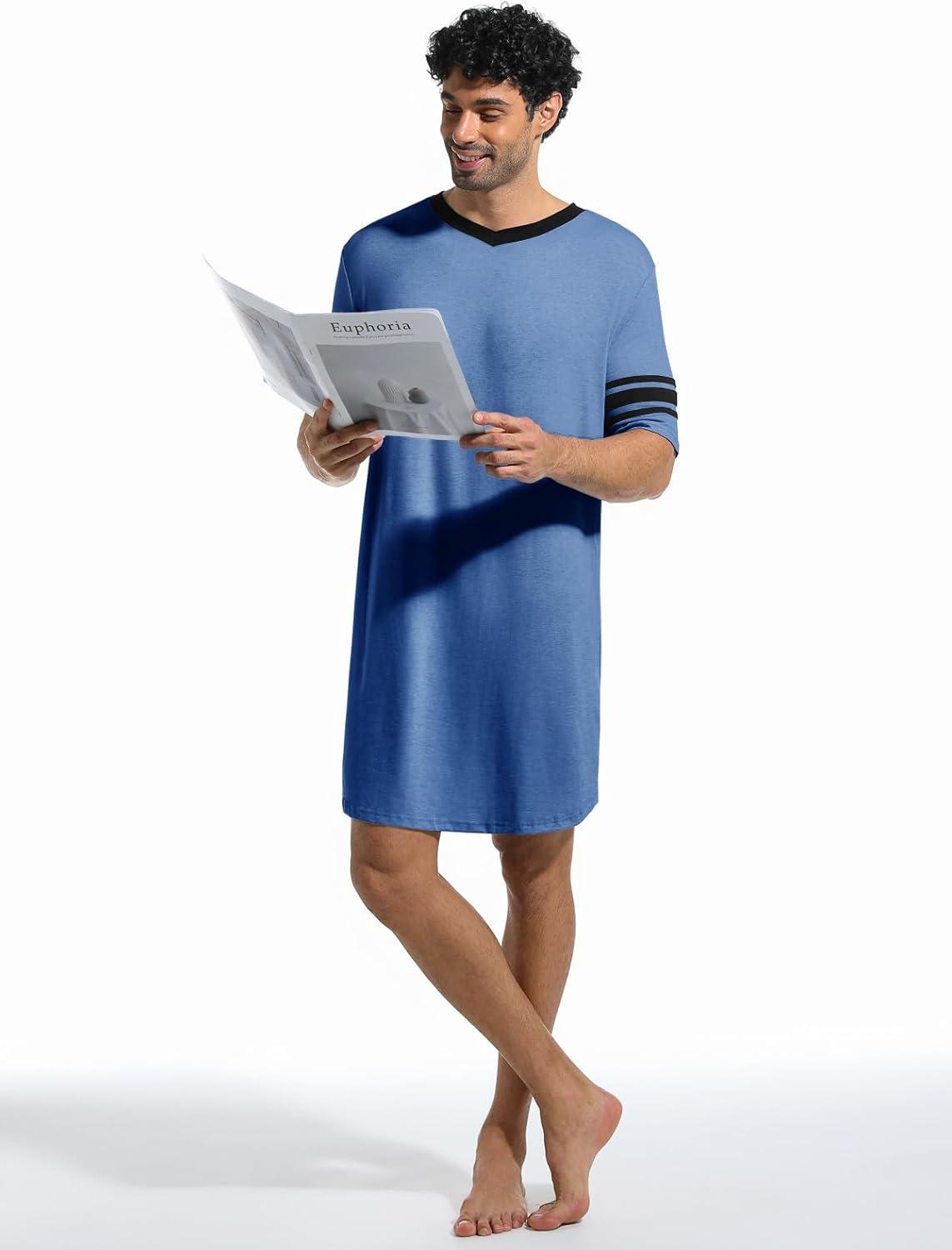 imageRuncati Mens Nightshirt Short Sleeve V Neck Sleep Shirt Soft Loose Fit Lounge Nightwear Sleepwear PajamaDark Blue