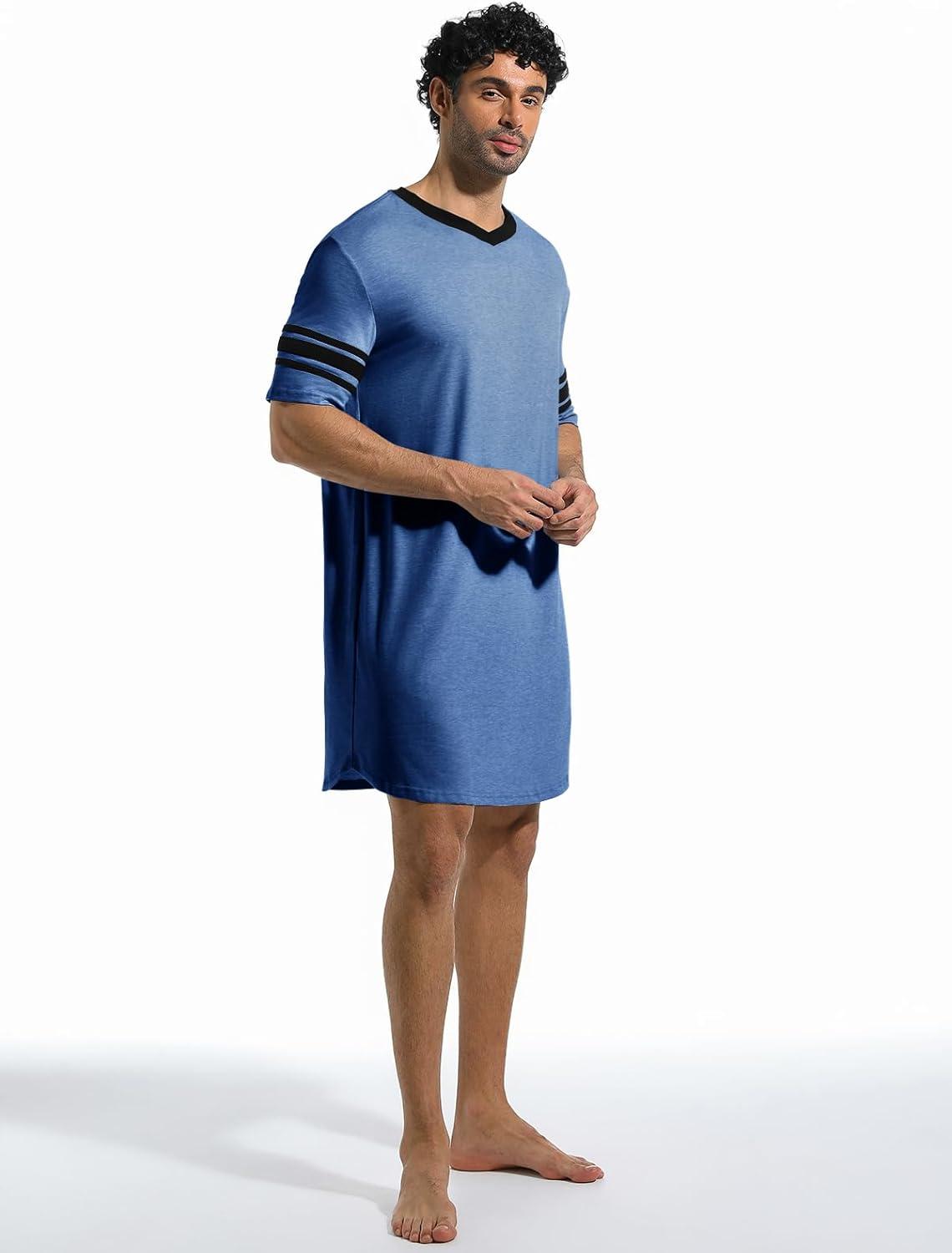 imageRuncati Mens Nightshirt Short Sleeve V Neck Sleep Shirt Soft Loose Fit Lounge Nightwear Sleepwear PajamaDark Blue