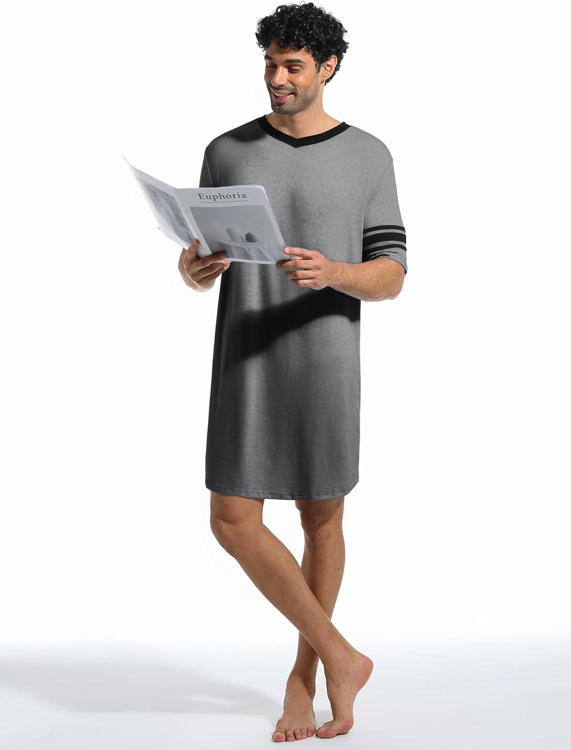 imageRuncati Mens Nightshirt Short Sleeve V Neck Sleep Shirt Soft Loose Fit Lounge Nightwear Sleepwear PajamaDark Grey