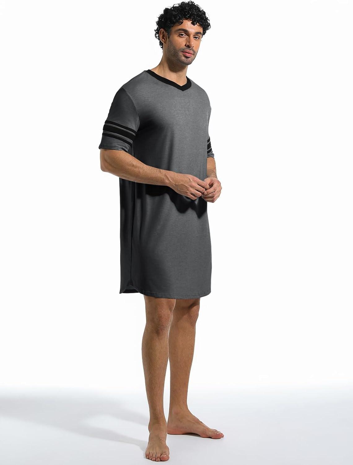 imageRuncati Mens Nightshirt Short Sleeve V Neck Sleep Shirt Soft Loose Fit Lounge Nightwear Sleepwear PajamaDark Grey