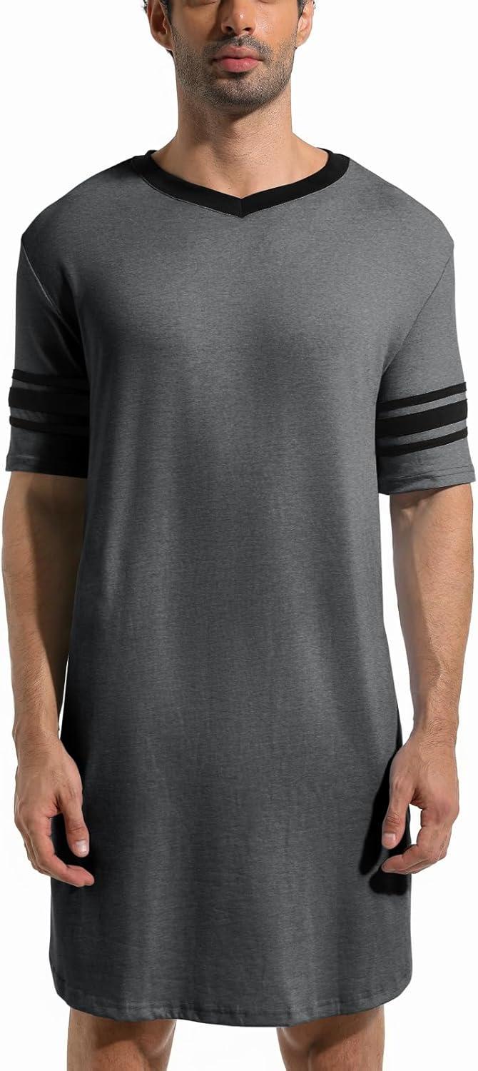 imageRuncati Mens Nightshirt Short Sleeve V Neck Sleep Shirt Soft Loose Fit Lounge Nightwear Sleepwear PajamaDark Grey