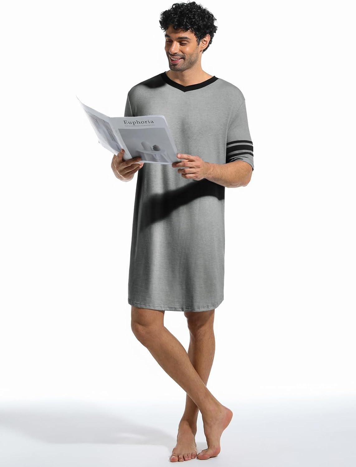 imageRuncati Mens Nightshirt Short Sleeve V Neck Sleep Shirt Soft Loose Fit Lounge Nightwear Sleepwear PajamaGrey