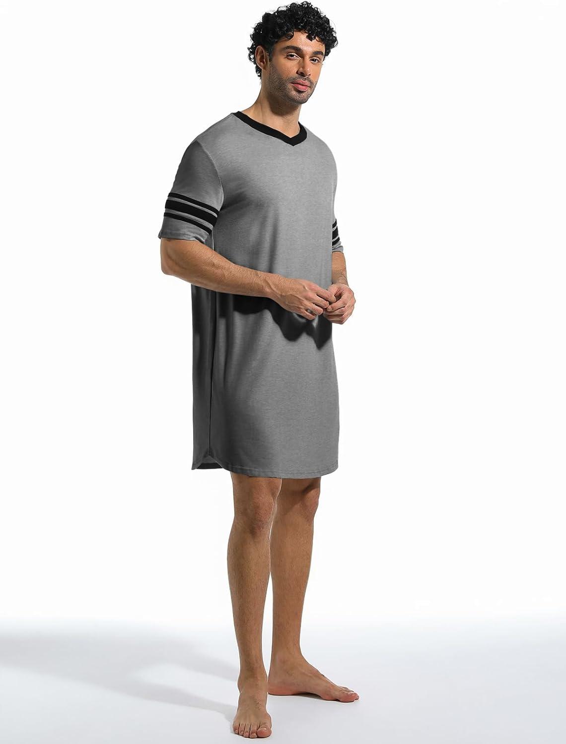 imageRuncati Mens Nightshirt Short Sleeve V Neck Sleep Shirt Soft Loose Fit Lounge Nightwear Sleepwear PajamaGrey