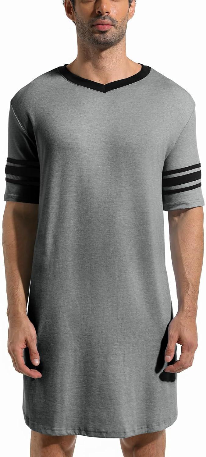 imageRuncati Mens Nightshirt Short Sleeve V Neck Sleep Shirt Soft Loose Fit Lounge Nightwear Sleepwear PajamaGrey