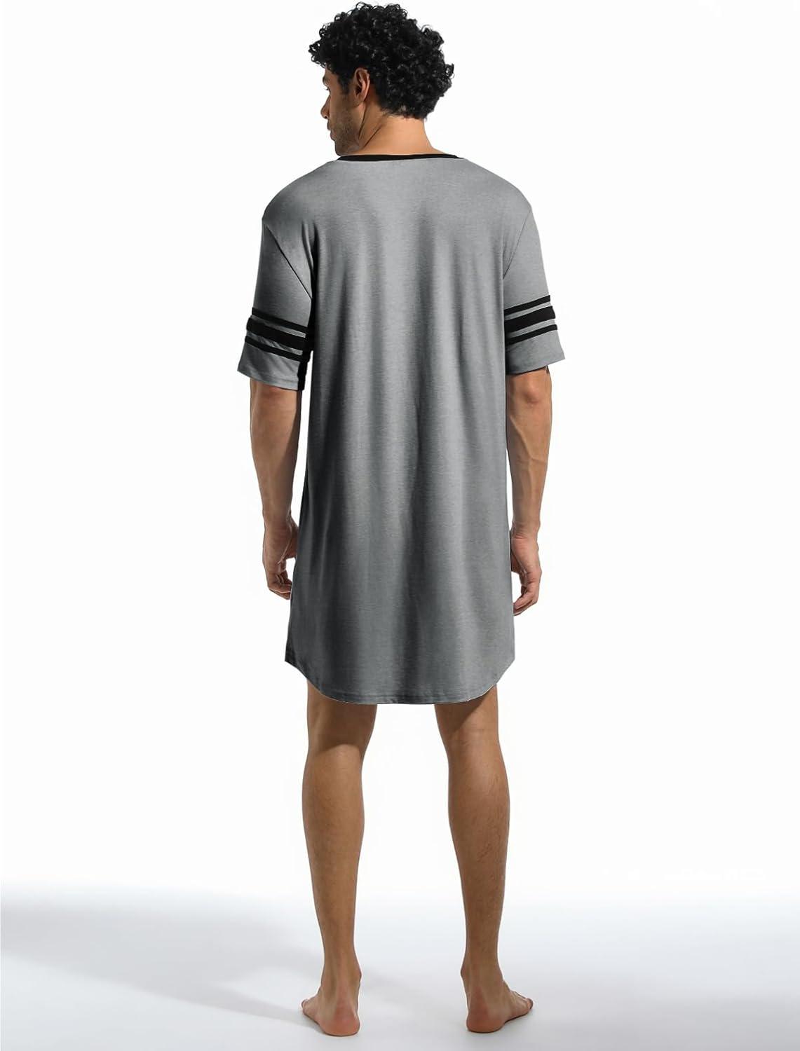 imageRuncati Mens Nightshirt Short Sleeve V Neck Sleep Shirt Soft Loose Fit Lounge Nightwear Sleepwear PajamaGrey