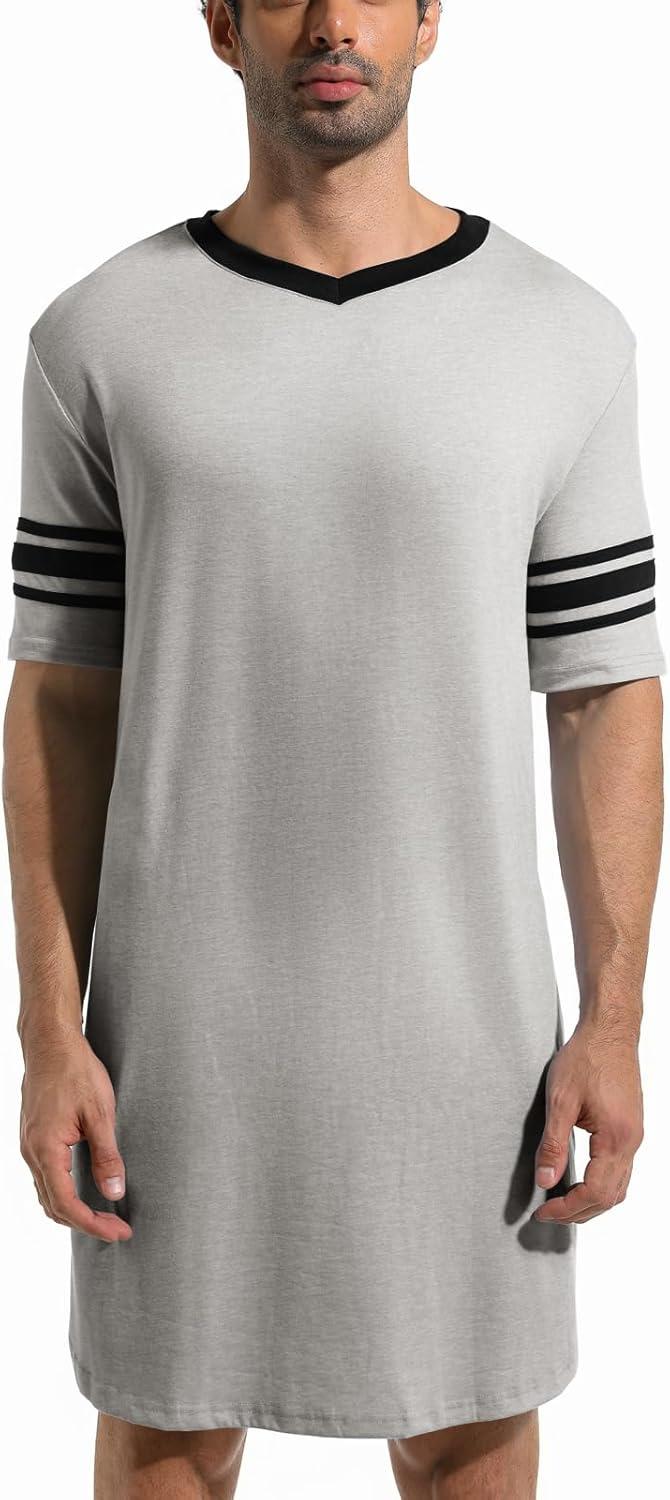imageRuncati Mens Nightshirt Short Sleeve V Neck Sleep Shirt Soft Loose Fit Lounge Nightwear Sleepwear PajamaLight Grey