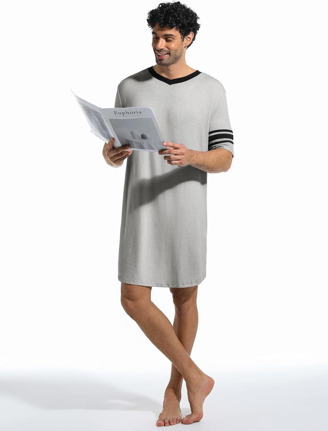 imageRuncati Mens Nightshirt Short Sleeve V Neck Sleep Shirt Soft Loose Fit Lounge Nightwear Sleepwear PajamaLight Grey