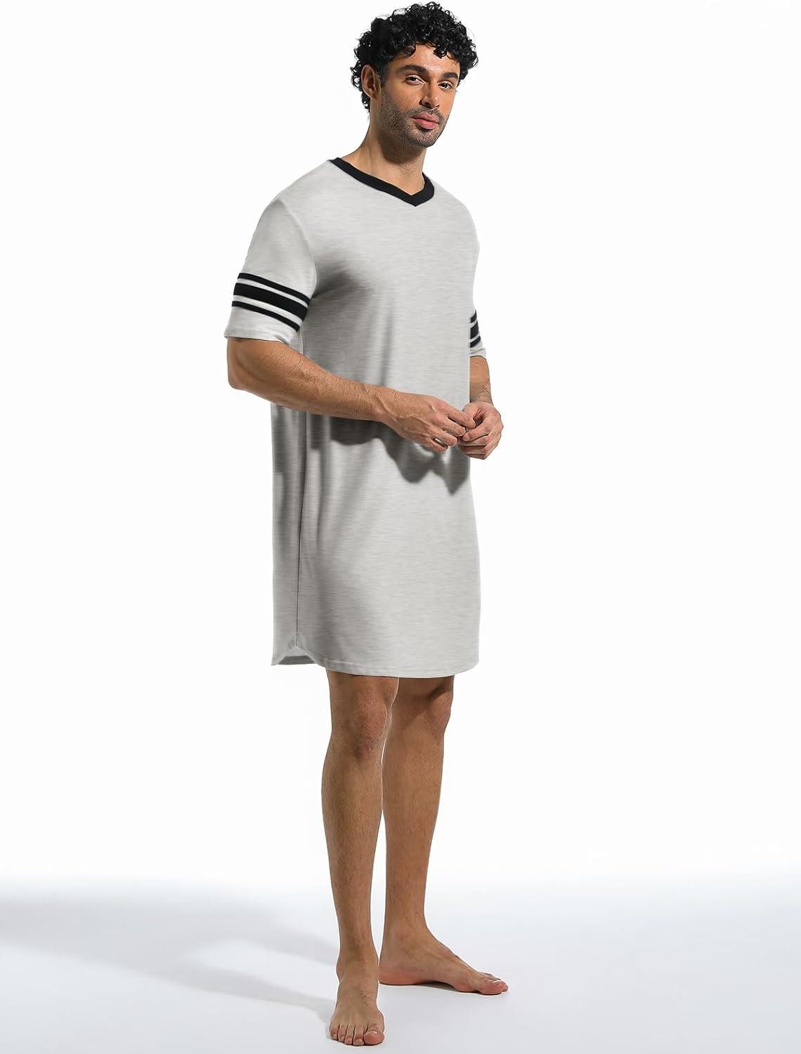 imageRuncati Mens Nightshirt Short Sleeve V Neck Sleep Shirt Soft Loose Fit Lounge Nightwear Sleepwear PajamaLight Grey