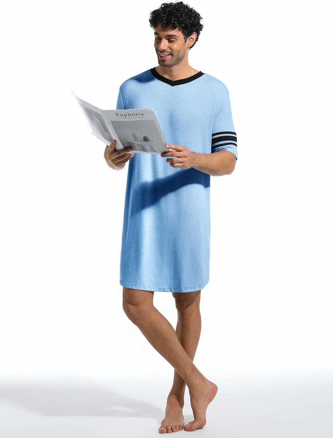 imageRuncati Mens Nightshirt Short Sleeve V Neck Sleep Shirt Soft Loose Fit Lounge Nightwear Sleepwear PajamaSky Blue