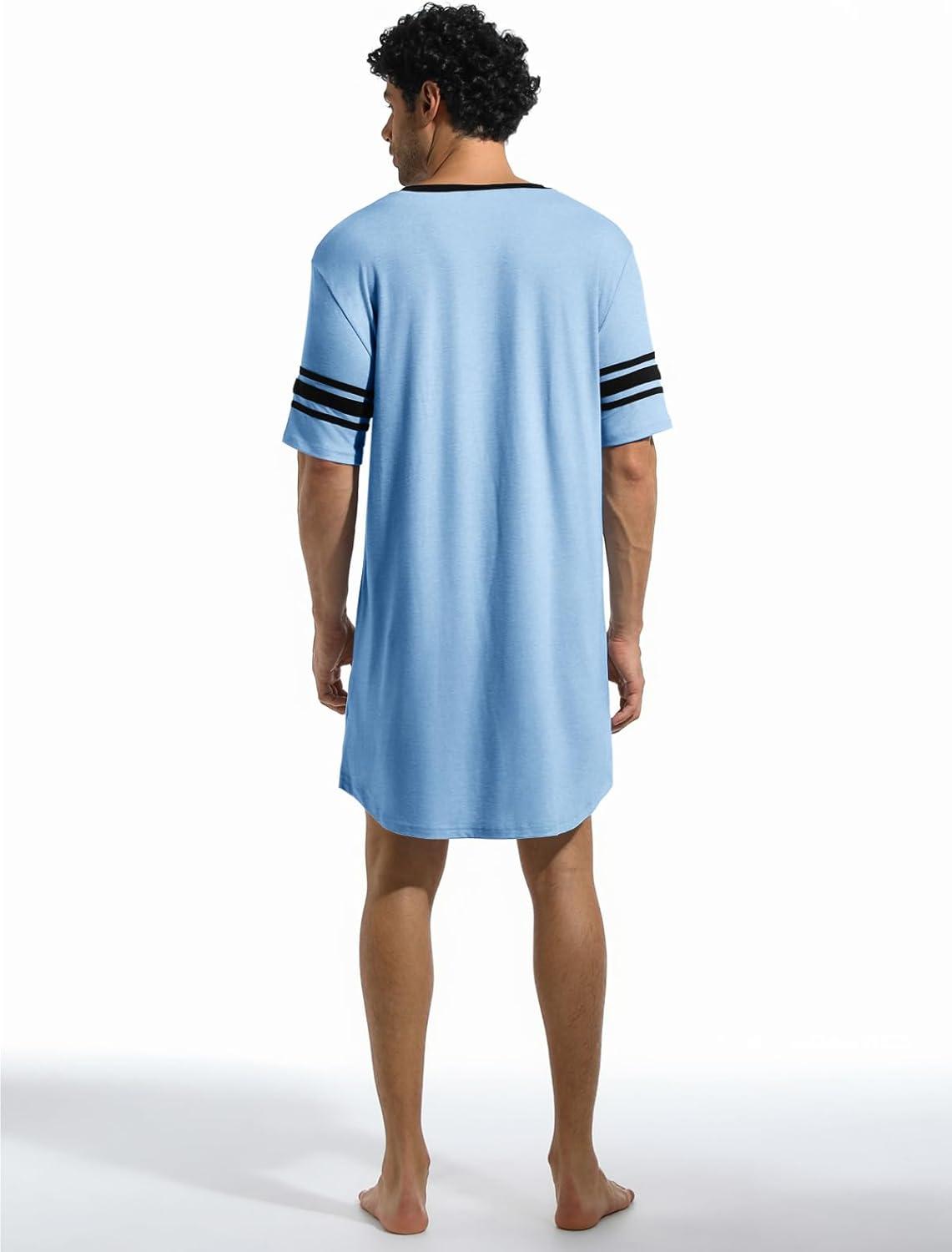 imageRuncati Mens Nightshirt Short Sleeve V Neck Sleep Shirt Soft Loose Fit Lounge Nightwear Sleepwear PajamaSky Blue