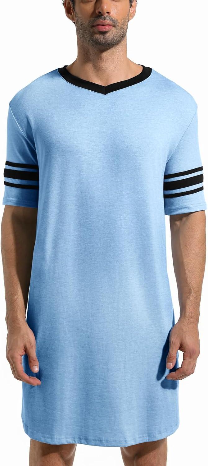 imageRuncati Mens Nightshirt Short Sleeve V Neck Sleep Shirt Soft Loose Fit Lounge Nightwear Sleepwear PajamaSky Blue