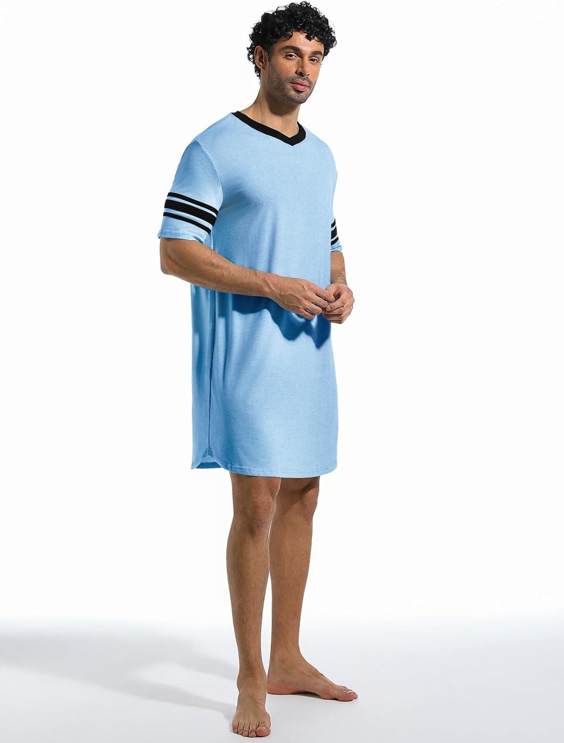 imageRuncati Mens Nightshirt Short Sleeve V Neck Sleep Shirt Soft Loose Fit Lounge Nightwear Sleepwear PajamaSky Blue
