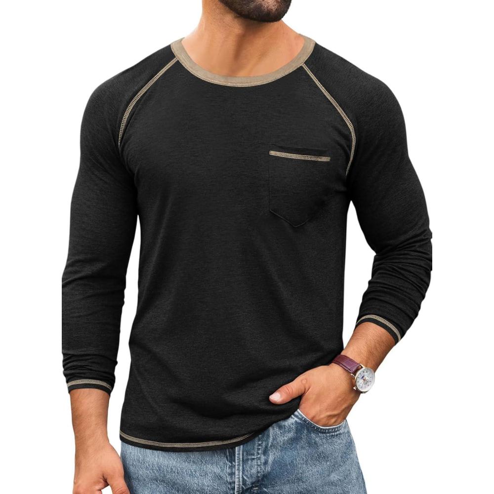 imageRuncati Mens Long Sleeve TShirt Casual Crewneck Shirts Basic Lightweight Vintage Tee Tops with PocketBlack
