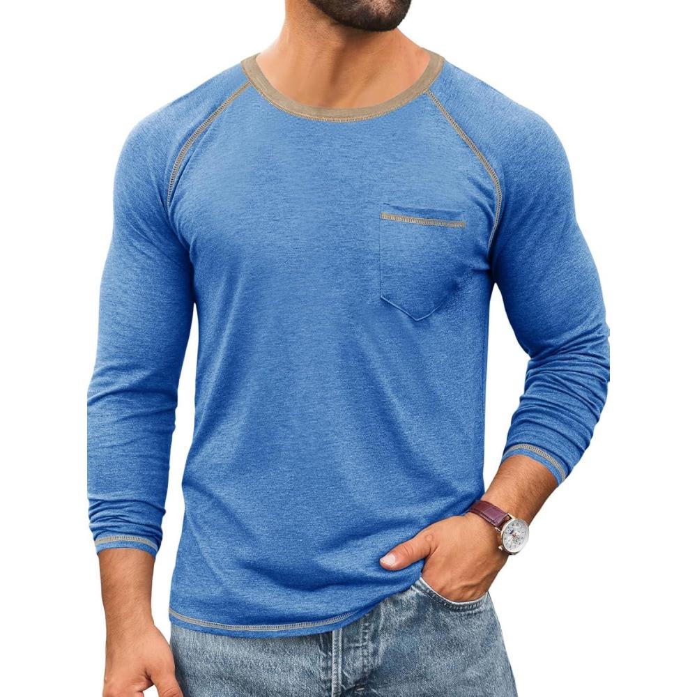 imageRuncati Mens Long Sleeve TShirt Casual Crewneck Shirts Basic Lightweight Vintage Tee Tops with PocketBlue