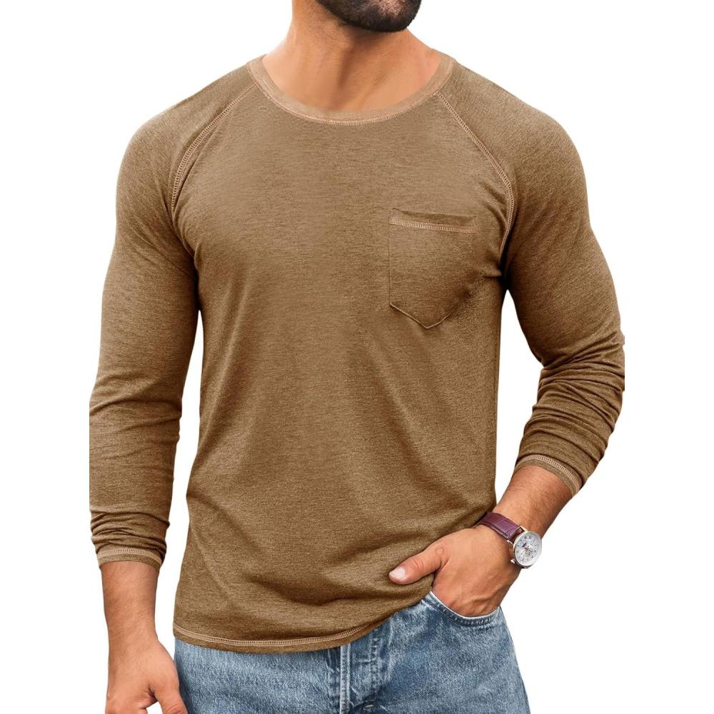 imageRuncati Mens Long Sleeve TShirt Casual Crewneck Shirts Basic Lightweight Vintage Tee Tops with PocketDark Khaki