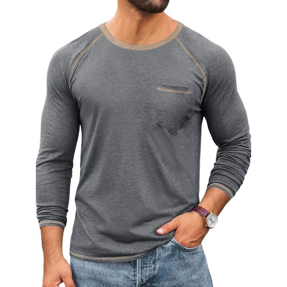 imageRuncati Mens Long Sleeve TShirt Casual Crewneck Shirts Basic Lightweight Vintage Tee Tops with PocketGrey