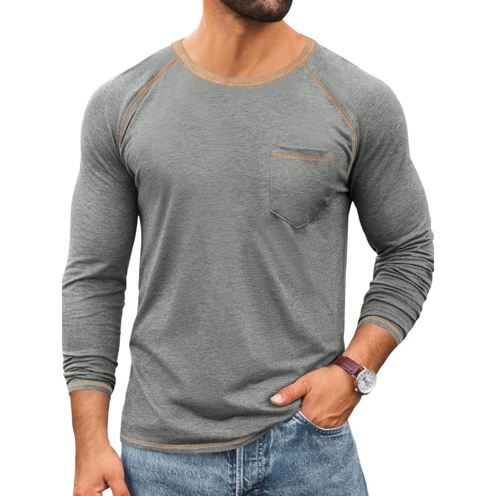 imageRuncati Mens Long Sleeve TShirt Casual Crewneck Shirts Basic Lightweight Vintage Tee Tops with PocketLight Grey