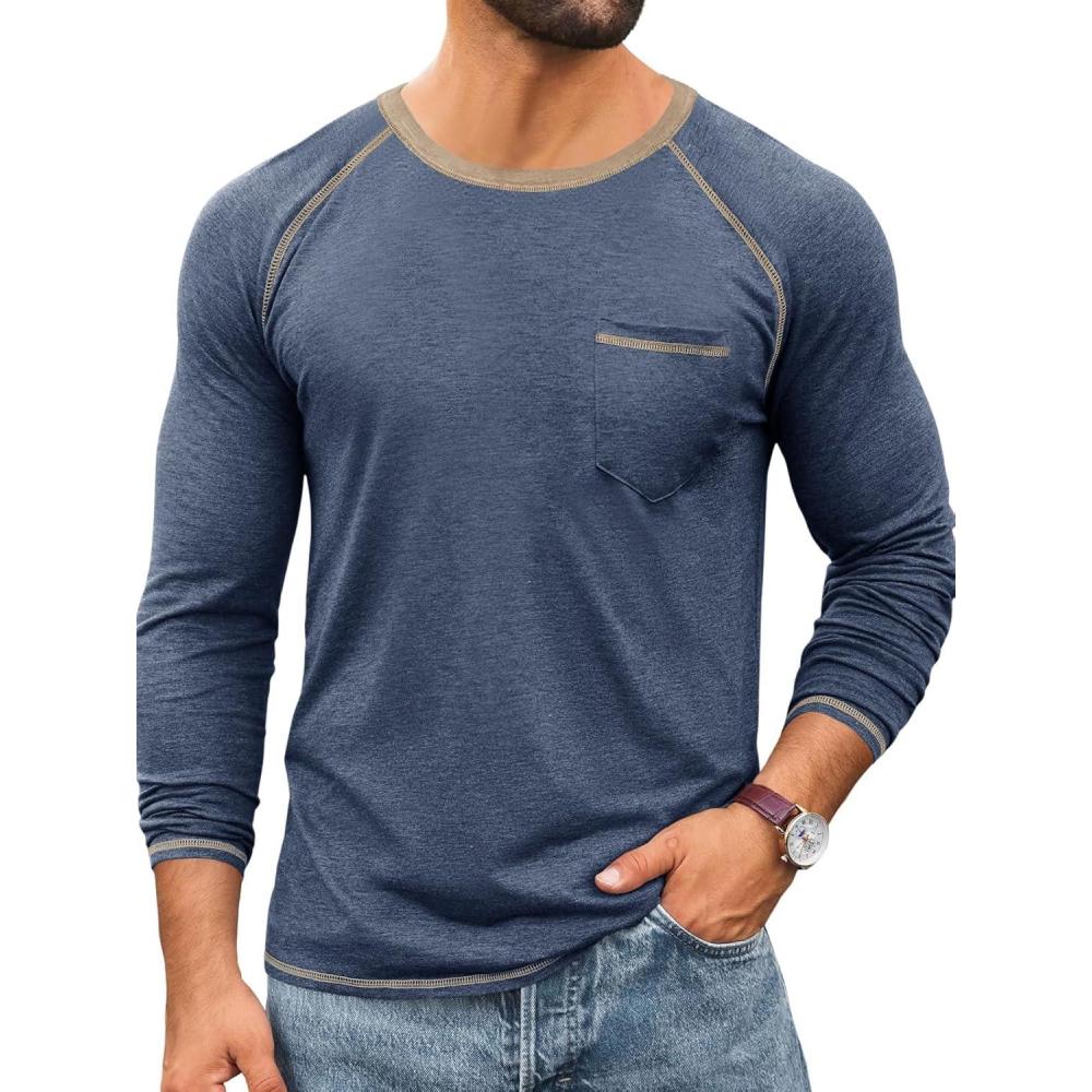 imageRuncati Mens Long Sleeve TShirt Casual Crewneck Shirts Basic Lightweight Vintage Tee Tops with PocketNavy