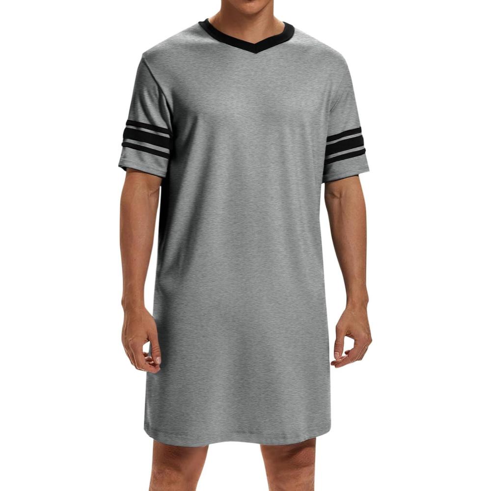 imageRuncati Mens Nightshirt Short Sleeve V Neck Sleep Shirt Soft Loose Fit Lounge Nightwear Sleepwear PajamaGrey