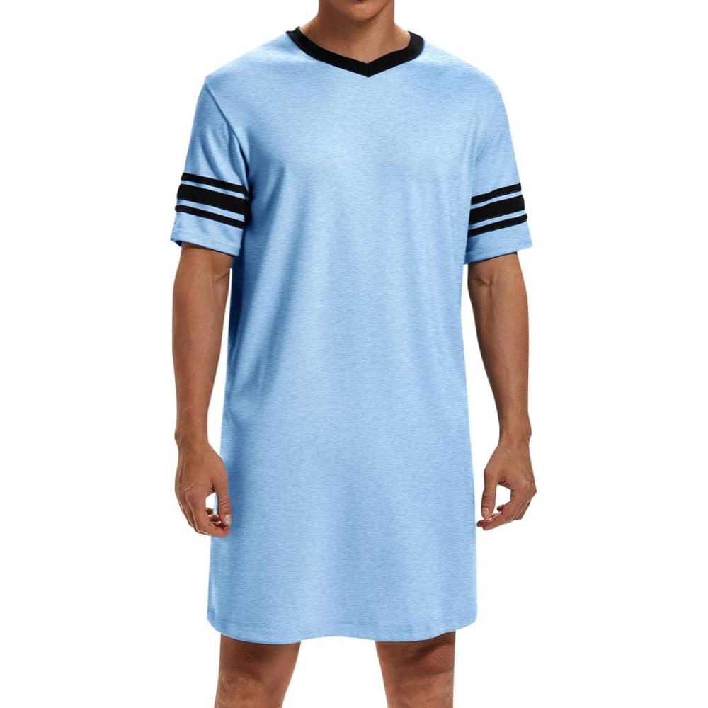imageRuncati Mens Nightshirt Short Sleeve V Neck Sleep Shirt Soft Loose Fit Lounge Nightwear Sleepwear PajamaSky Blue