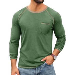 Runcati Mens Long Sleeve T-Shirt Casual Crewneck Shirts Basic Lightweight Vintage Tee Tops with Pocket(Army Green)