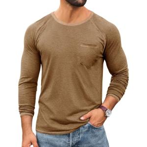 Runcati Mens Long Sleeve T-Shirt Casual Crewneck Shirts Basic Lightweight Vintage Tee Tops with Pocket(Dark Khaki)