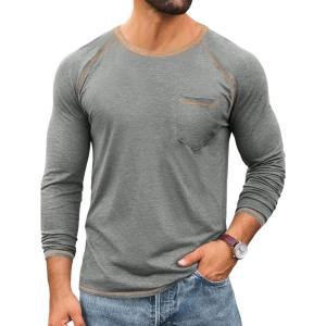 Runcati Mens Long Sleeve T-Shirt Casual Crewneck Shirts Basic Lightweight Vintage Tee Tops with Pocket(Light Grey)