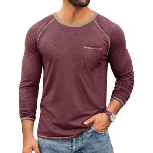 Runcati Mens Long Sleeve T-Shirt Casual Crewneck Shirts Basic Lightweight Vintage Tee Tops with Pocket(Wine Red)