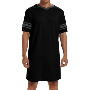 Runcati Mens Nightshirt Short Sleeve V Neck Sleep Shirt Soft Loose Fit Lounge Nightwear Sleepwear Pajama(Black)